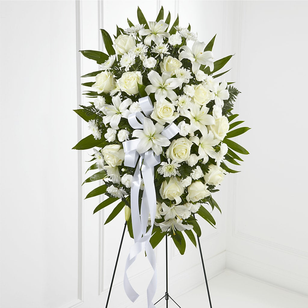 Exquisite Tribute Standing Spray-White Ribbon – The Gift Garden, Macon GA